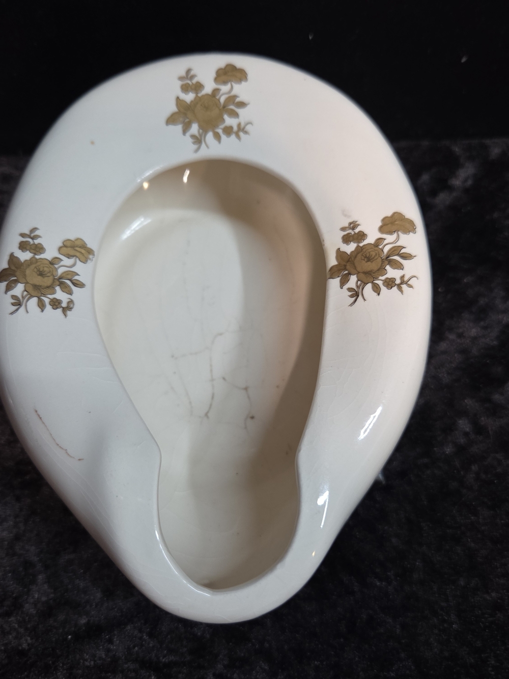 Mid Century Vintage Floral Porcelain Bedpan With Gold Accents